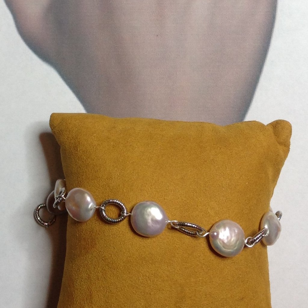 Natural Freshwater Coin Pearl With Silver Links Bracelet